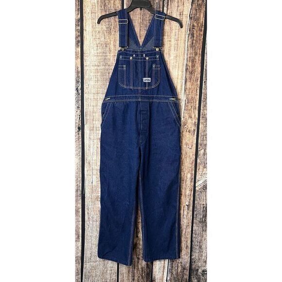 Big Smith Bib Overalls Dark Blue Jean Denim Carpenter Size 36x29 Leather Patch - Picture 1 of 7